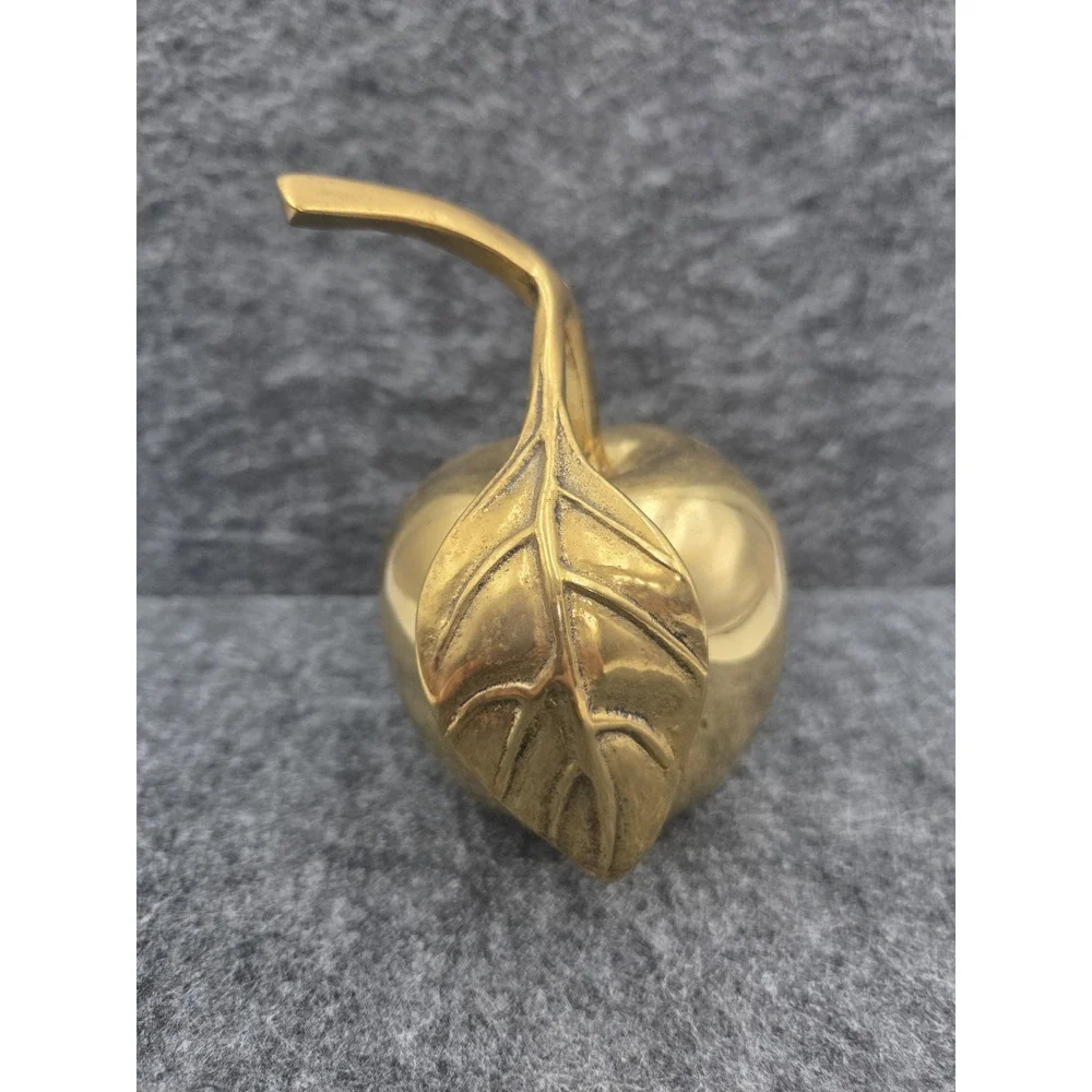 Vintage Brass Apple Bell Paper Weight Solid w/ Clapper Stem & Leaf Small Teacher